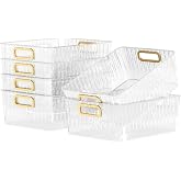 Kekow 6-Pack Clear Pantry Organizer Bins, Plastic Storage Bins with Handle | for Kitchen, Refrigerator, Freezer, Cabinet, Closet