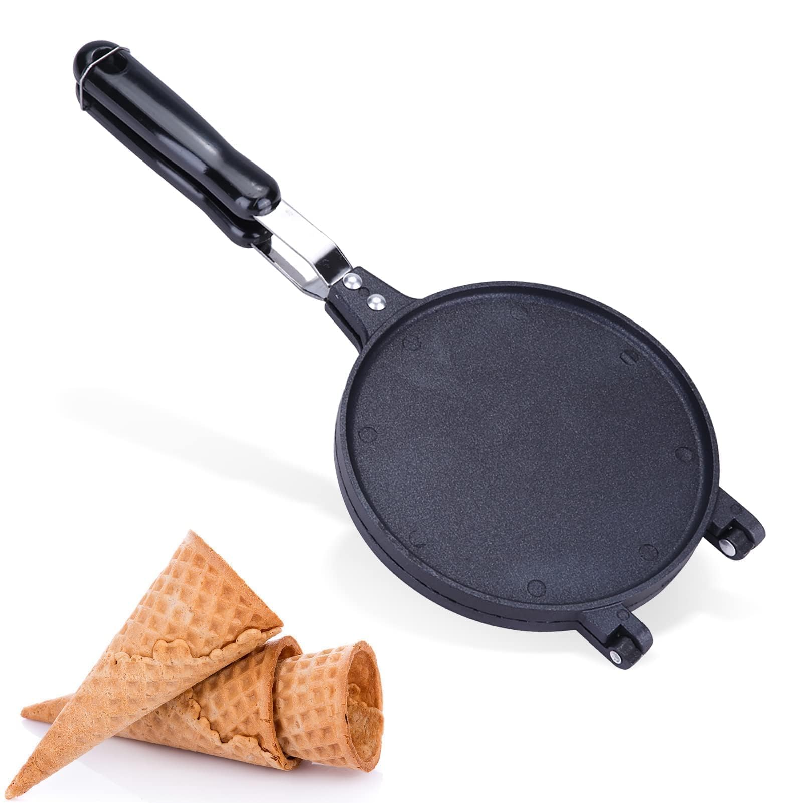 Waffle Cone Maker,Non Stick Egg Roll Waffle Ice Cream Cone Machine with Long Handle Aluminum Alloy Egg Roll Crepe Maker Machine Kitchen Baking Tool for Gas Stove