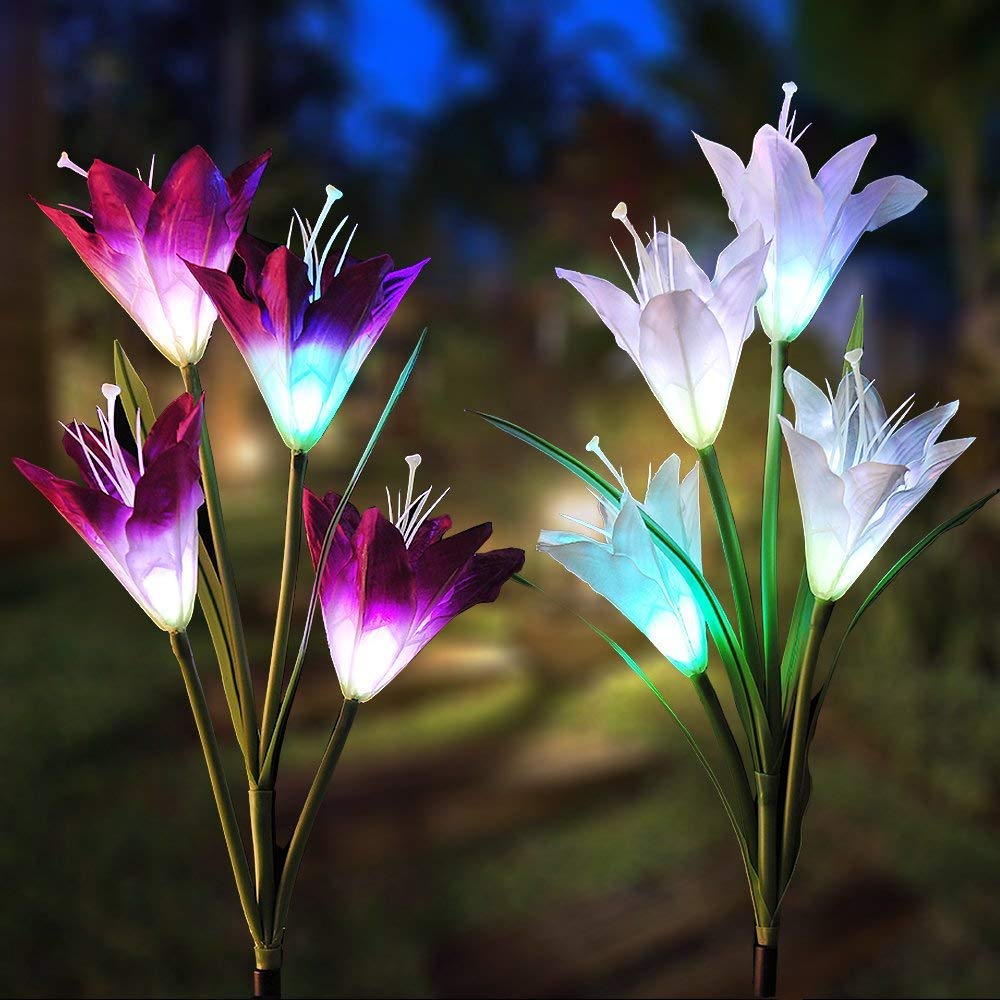 Solar Garden Lights, 2 Pack Outdoor Stake Light with 8 Lily Flower, Multi-Color Changing LED Solar Decorative Lights for Path,Garden, Patio and Yard (Purple and White)