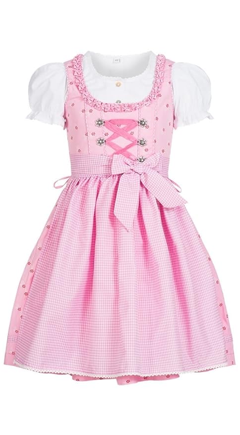 Nübler Kinderdirndl 3-TLG. Linda Rosa, Gr. 80-164, Blumen-Muster, Karo-Schürze, Baumwoll-Dirndl