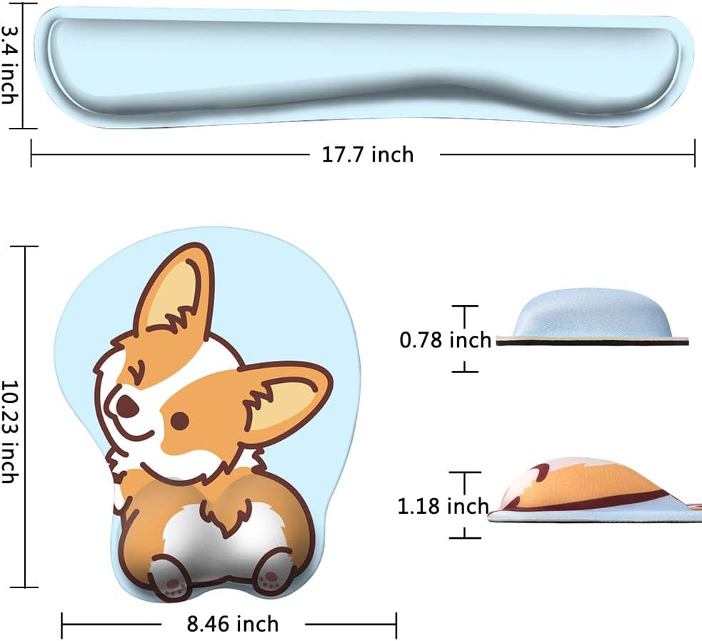 HAOCOO Keyboard Pad Wrist Rest and Gel Mouse Pad with Wrist Support, Ergonomic Corgi Mouse Pads with Non-Slip Backing Memory Foam Filled, Easy Typing &Pain Relief for Home Office Computer Laptop(Blue) : Office Products