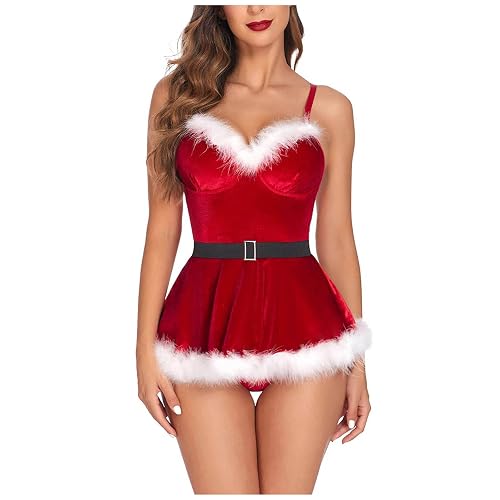 Christmas Dress for Women - Santa Costume Babydoll with Suspender Belt Christmas Lingerie Sleepwear Dress V Neck Off Shoulder Xmas Costume Outfit for Ladies