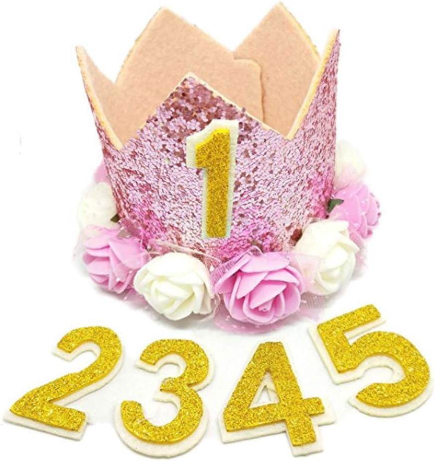 Runfon Crown Pet Birthday Hat for Dogs Cats Kittens Reusable Birthday Party Pet Headband Hats with 1-9 Figures Charms Grooming Accessories(Pink)