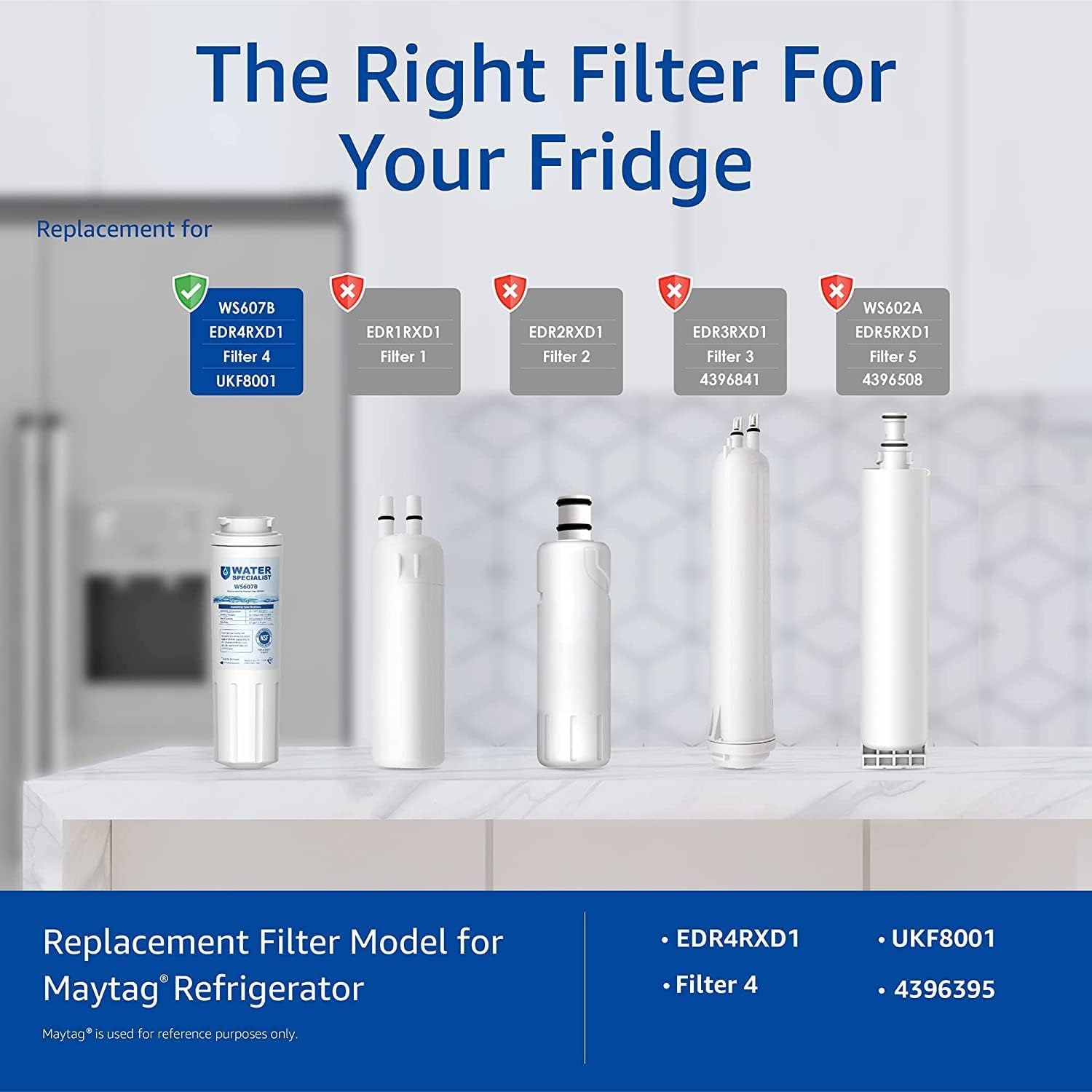 Waterspecialist UKF8001 Water Filter, Replacement for EveryDrop Filter 4, Whirlpool EDR4RXD1, 4396395, Wrx735sdbm00, Mfi2570fez Msd2651heb, Krfc300ess01, Pack of 3