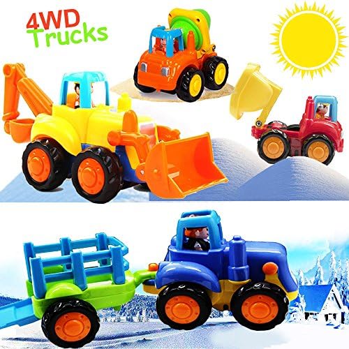 Friction Powered Cars Push and Go Car Construction Vehicles Toys Set of 4 Tractor,Bulldozer,Cement Mixer Truck,Dumper Push Back Cartoon Play for 1 2 3 Years Old Boys Toddlers Kids Gift