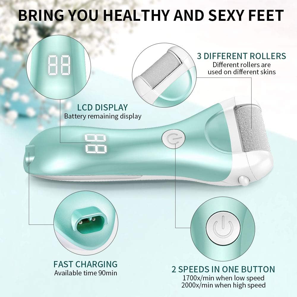 Electric Callus Remover, RUEOO Rechargeable Electronic Feet File Hard Skin Remover IPX7 Waterproof Pedicure Tool for Cracked Heels and Dead Skin, with 3 Coarse Roller Heads Foot Rasp: Health & Personal Care