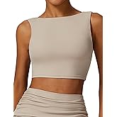 FEOYA Women Elegant Boat Neck Workout Bra Tank Top Open Back Push Up Sports Bra Built-in Shelf Bra Crop Top