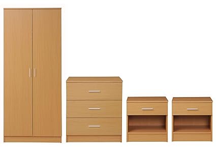 Timber Art Design 4 Piece Bedroom Furniture Set Wardrobe Chest Drawers 2 Bedside Table Beech