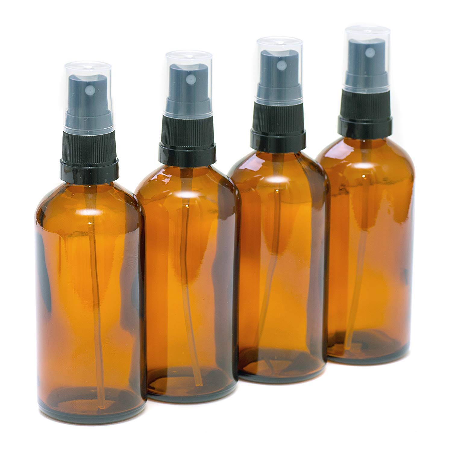 PACK of 4-100ml AMBER GLASS Bottles with Black ATOMISER Sprays. Essential Oil/Aromatherapy Use