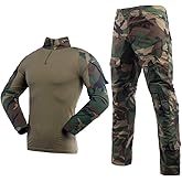 LANBAOSI Men's Tactical Combat Shirt and Pants Set Long Sleeve Woodland Hunting Military Uniform 1/4 Zip