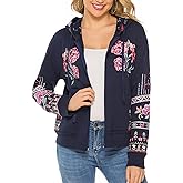 AK Women's Full Zip Long Sleeve Embroidered Sweatshirt Floral Boho Embroidered Mexican Hoodie Fall Winter Coat Tops Jackets