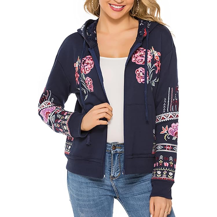 Amazon.com: Grosy Boho Floral Embroidered Hoodie for Women
