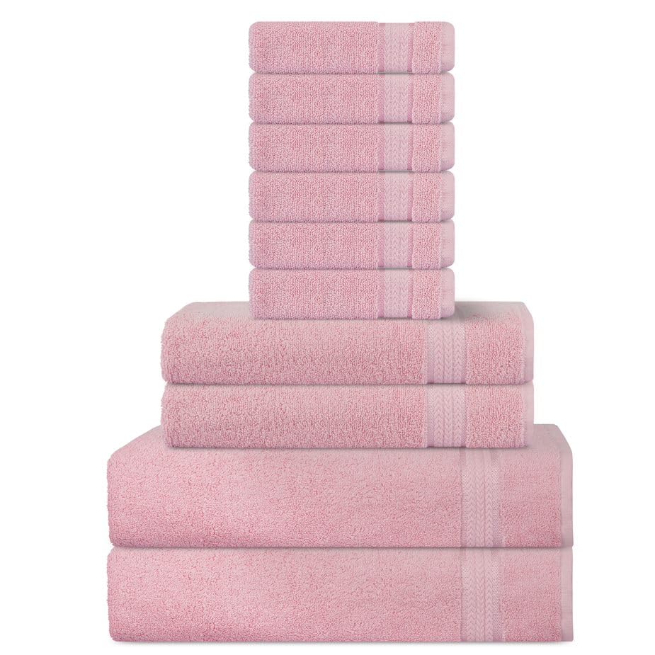 Super Soft 600 GSM Cotton Towels Set by Sweet Needle, Pink - 2 Bath Towel, 2 Hand and 6 Wash/Face - Double Pile, Absorbent & fluffy for Bathroom accessories, Shower & Daily Use (10 Pieces Bales)