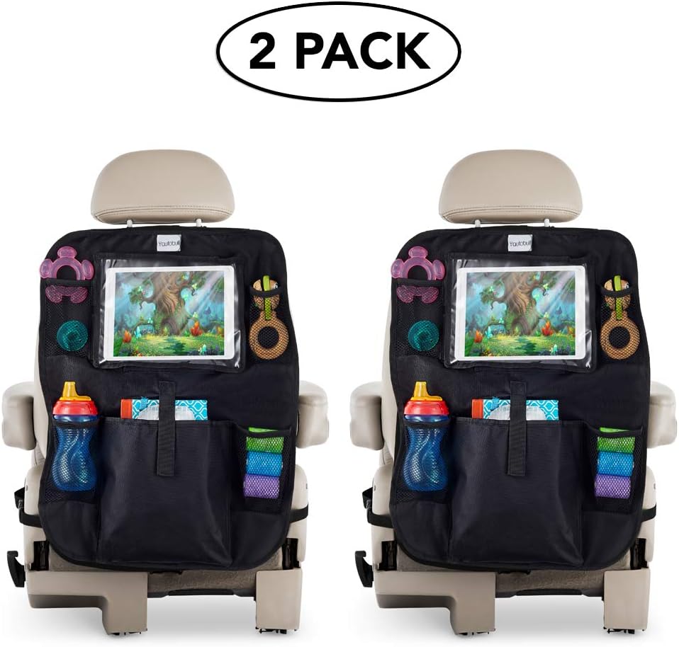 2 Pack Autobull Multi-Pocket Car Seat Organizer and Kick Mat with Clear Tablet Pocket (9.7 inches) for Baby, Kids and Children
