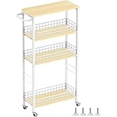 YBING Slim Storage Cart 4-Tier Rolling Kitchen Utility Cart White Narrow Laundry Storage Cart on Wheels and Wood Table Top Mobile Shelving Unit Organizer Trolley for Bathroom Small Space 7.3" W