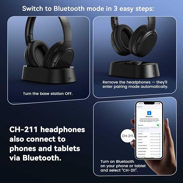 SWIITECH WIRELESS HEADPHONES FOR TV WATCHING, TV HEADPHONES WITH TRANSMITTER CHARGING BASE, BLUETOOTH V5.3, NO LIP-SYNC DELAY, CLEAR VOICE, PLUG & PLAY, COMFORTABLE, GIFTS FOR ELDERLY/SENIORS
