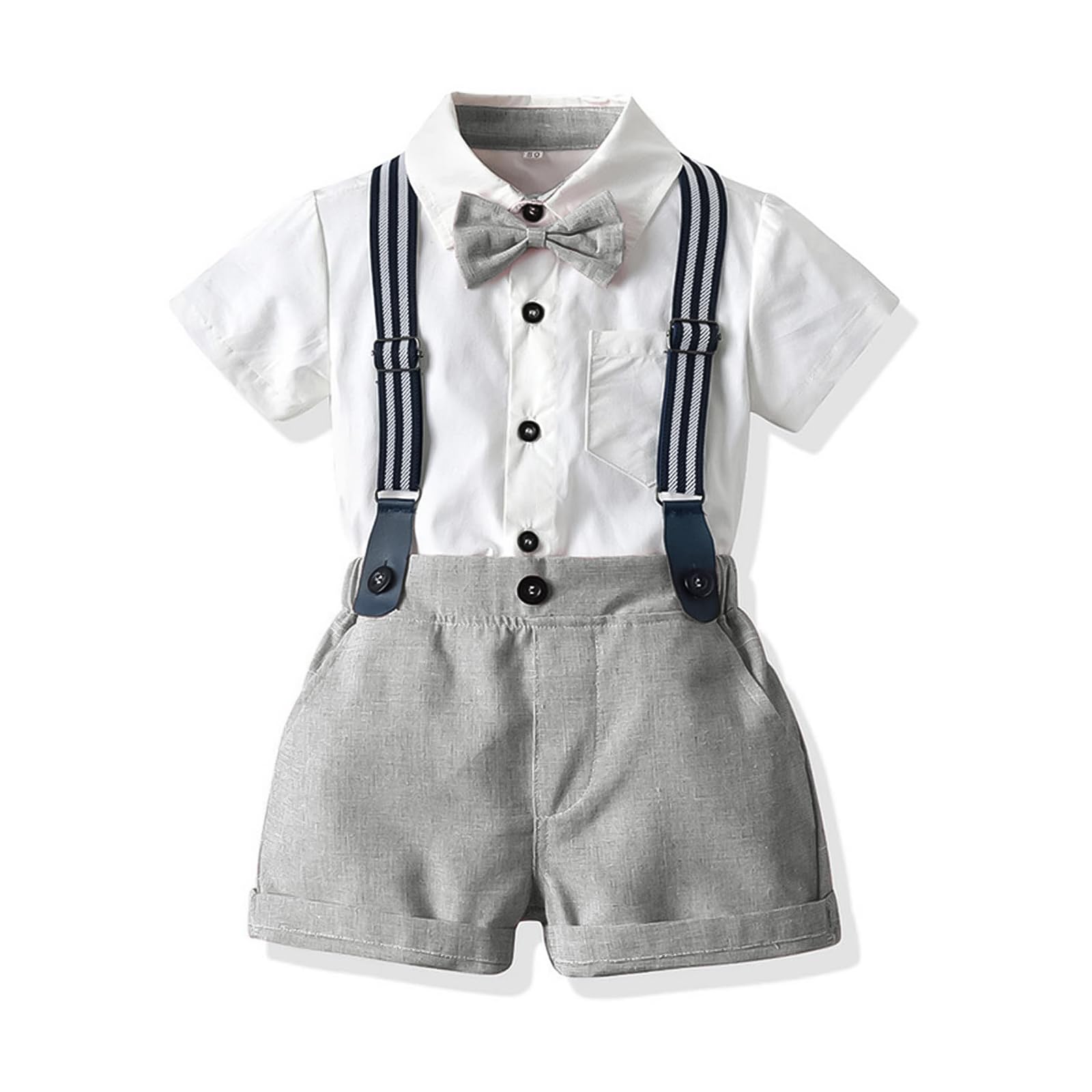 Photo 1 of ***Missing bow***  Volunboy Toddler Summer Wedding Ring Bearer Outfits Short Sleeve Suspenders Bowtie Dressy Formal Shorts Set (White+grey, 2-3T)