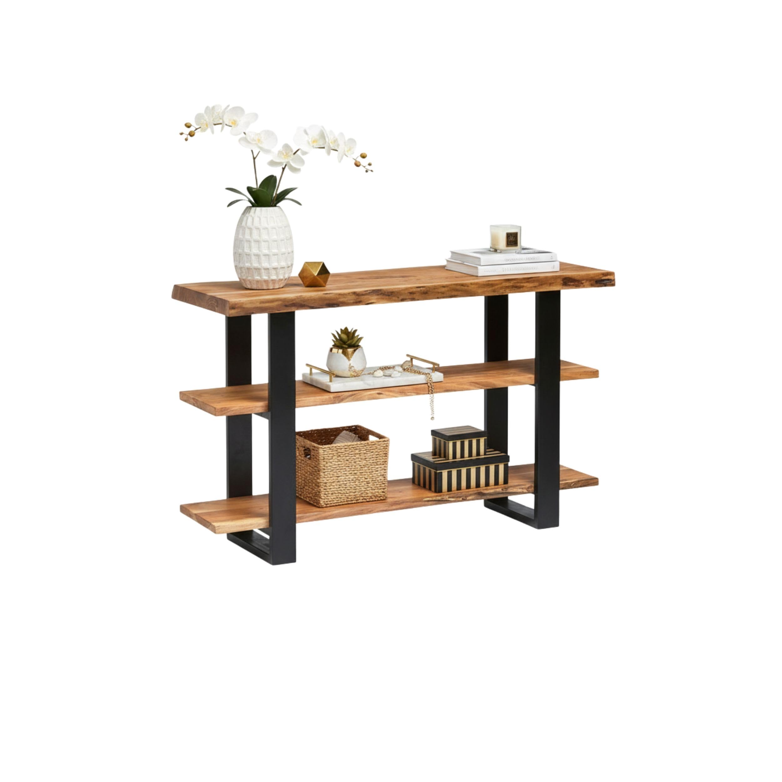 Photo 1 of **CORNER BROKEN SHOWN IN PIC **
Alpine 3-Tier Live Edge Console Table with Metal Frame – 48-Inch Solid Acacia Wood Entryway Table – Rustic Modern Industrial Sofa Table or Media Console by Alaterre Furniture (Natural Finish)