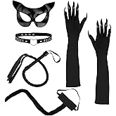 5 Pcs Halloween Cat Costume Accessories for Women, Black Cat Mask Cosplay Costume for Women, Set of 5pcs Faux Claw Gloves Necklace Tail Outfit Set