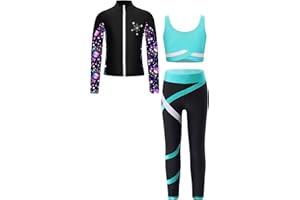 Freebily Kid 3 Pieces Girl Sports Dance Outfit Crop Tank Top with Athletic Leggings and Long Sleeve Jacket Set Tracksuit