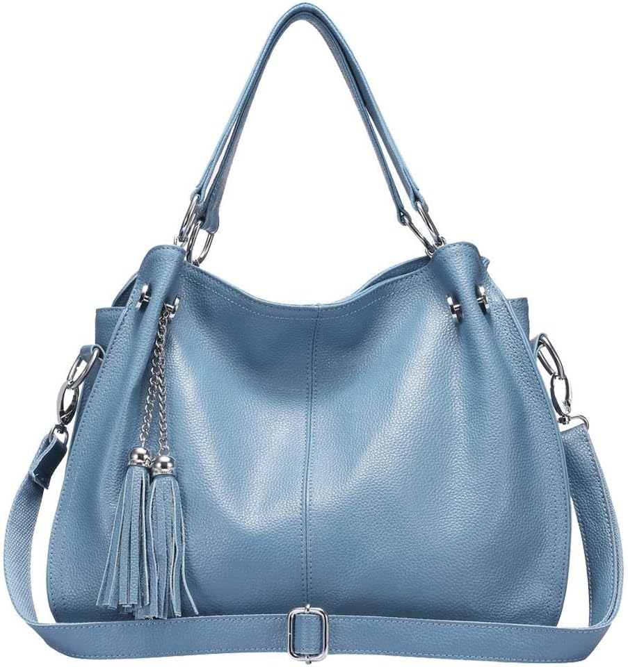 Women Handbag Tassel Leather Bag Shoulder Ladies Fashion Cowhide Tote Bag (Light Blue)