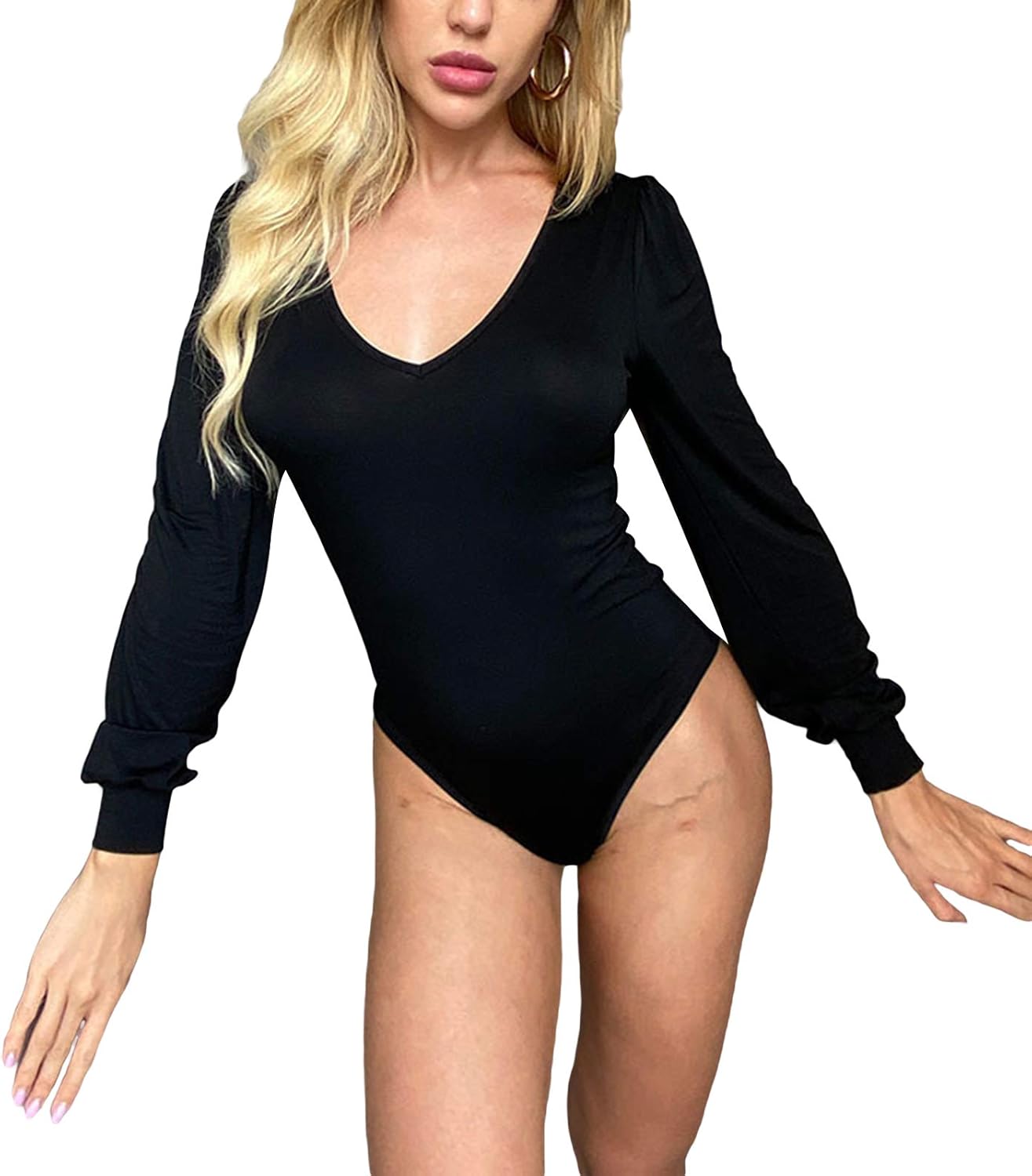 nvIEFE Women's Sexy Deep V-Neck Bodysuit Jumpsuit Sexy Tight Long Sleeve Romper: Amazon.co.uk 