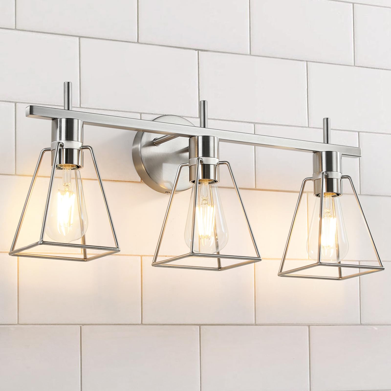 Photo 1 of HAHZT Industrial Bathroom Vanity Lights: 3-Lights Silver Brushed Nickel Vintage Metal Cage Wall Lamp - Rustic Farmhouse Light Fixture Over Mirrors Cabinet for Bath Hallway