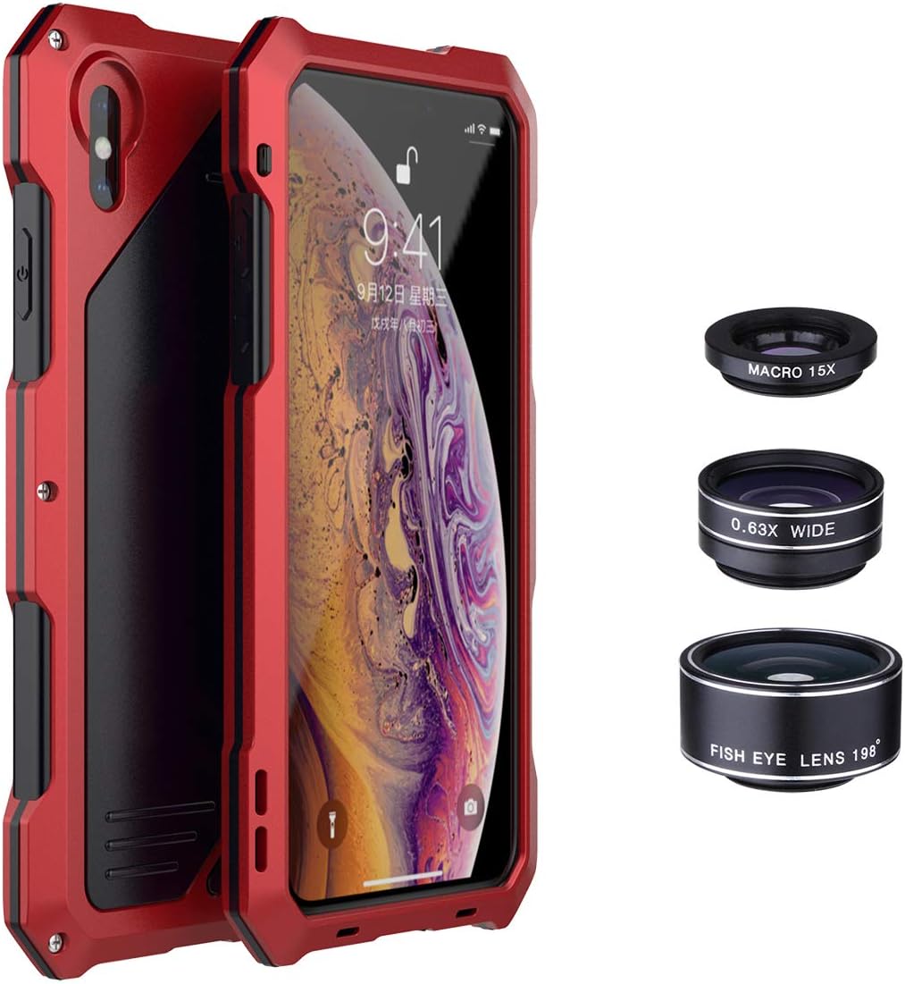 WNJW iPhone X/XS Case with Lends, Metal Cover Dustproof & Shockproof &Waterproof Case with 3 Separated Camera Lens Hybrid for iPhone X/XS (RED, 5.8 in)