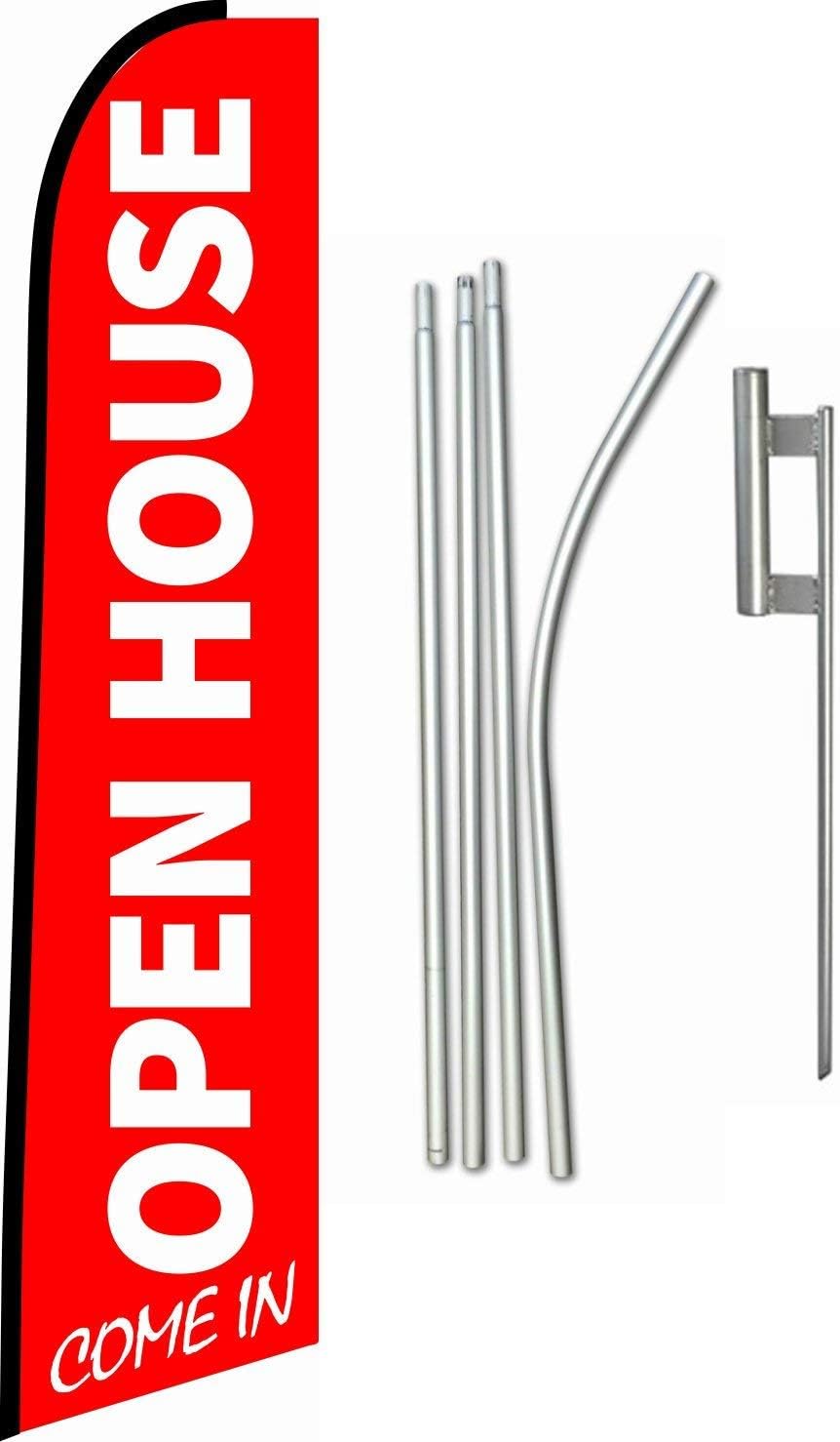 Swooper Feather Flag Kit 15ft "Open House" Red w/Ground Spike and Pole