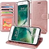 iPhone 7 Case, Moze iPhone 7 Wallet Case [4 Card Slots ] [Wrist Strap] [Stand Feature] PU Leather Flip Wallet Case Cover for iPhone 7 (4.7) - Rose Gold