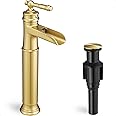 HOIGY Gold Vessel Sink Faucet, Brass Waterfall Tall Faucet for Bathroom Sink 1 Hole with Single Handle, Pop-up Drain & cUPC Water Hoses for Antique Bowl Basin Save Water