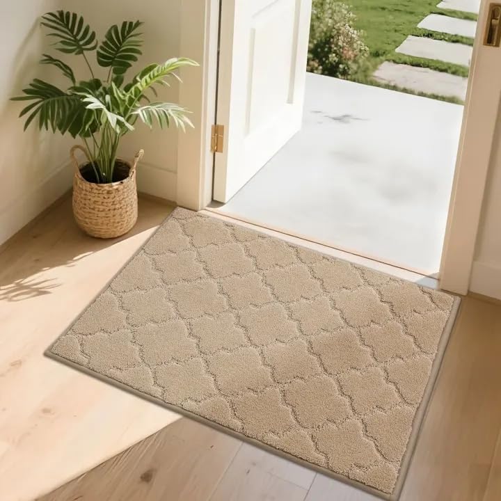COSY HOMEER Front Door Mat 50x80 CM, Dirt Trapper Floor Mat, Polyester Welcome Door Mat for Kitchen Room Office Entryway Doors, Absorbent Non-Slip Low Profile Indoor Doormat, Machine Washable, Beige