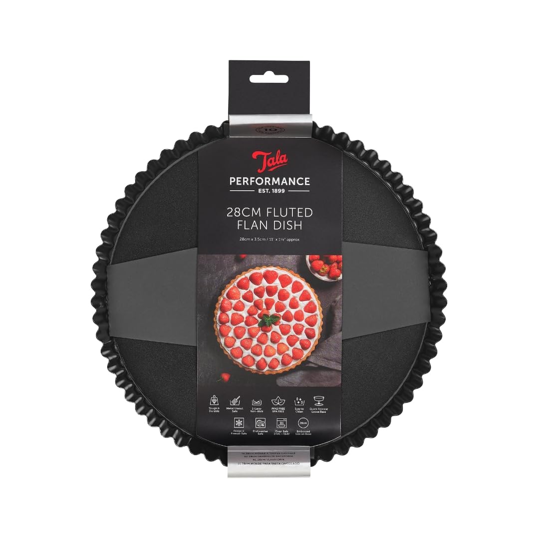 Tala Performance 28 cm Dia Fluted Tart Tin, Professional Gauge Carbon Steel with Eclipse Non-Stick Coating, Loose Base, Perfect for savoury or Sweet tarts, flans, quiches, or Desserts