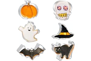 JOB JOL Cookie Cutters 6 PCS, Halloween Cookie Cutters, 3'' to 3.5'', Ghost, Pumpkin, Bat, Black Cat, Hat, Skull