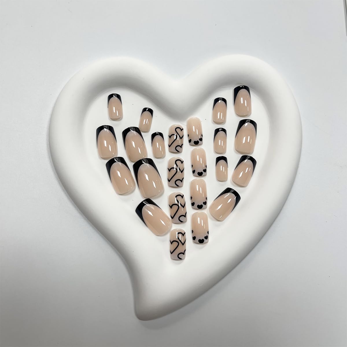 French Tip Press on Nails Short Square Fake Nails Black Acrylic Nails with White Heart Design Stick on Nails Artificial Full Cover Glossy Glue on Nails for Women Girls Valentine's Day Manicure 24pcs… - Image 2