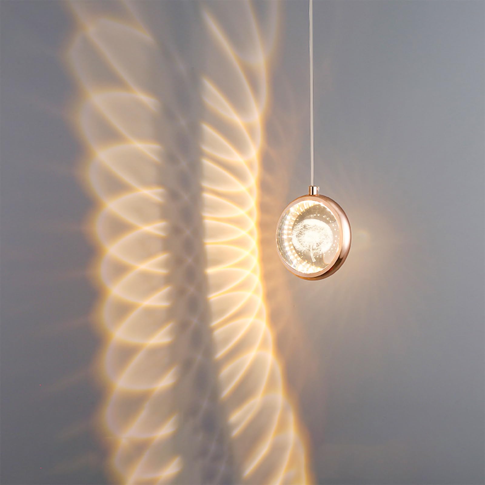 KRUIHAN Gold Crystal Pendant Light with 3D Internal Dandelion – Tri-Colour Changing LED Hanging Ceiling Lamp – Small Modern Glass Globe Hanging Light for Bedroom, Bedside, Kitchen Island & Hallway
