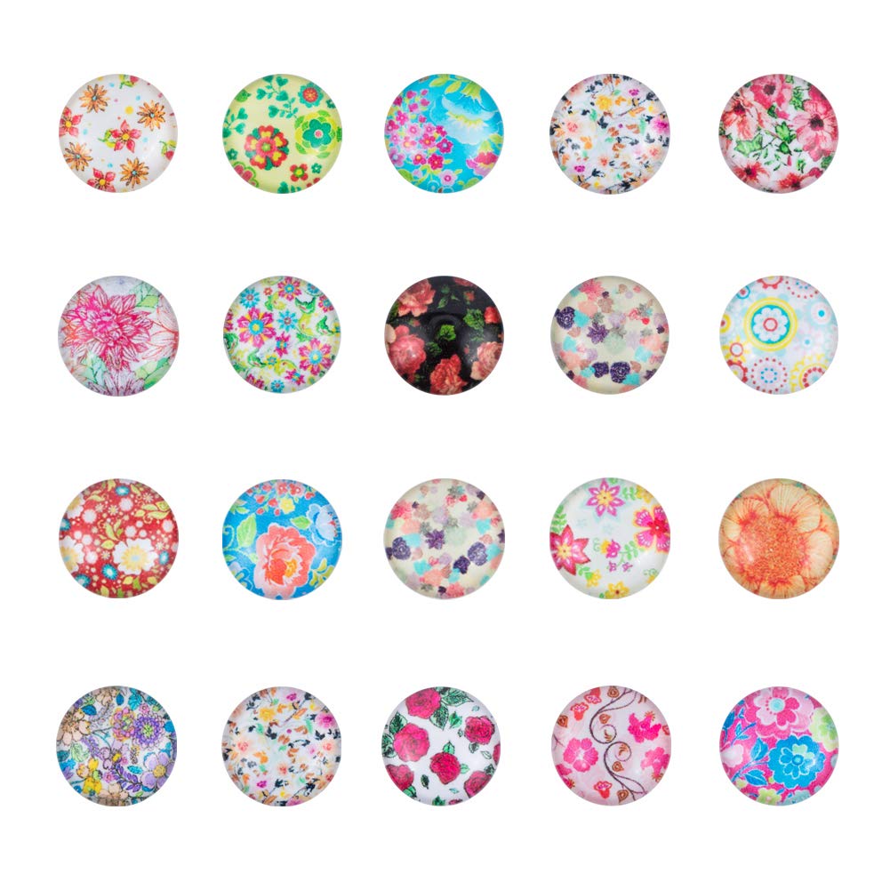 NBEADS 1 Box of 200 Pcs Mixed 12mm Flower Glass Round Cabochons Flatback Dome Cameo for Jewelry Making