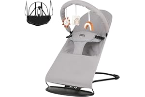iGRATENS Baby Bouncer - Portable Baby Bouncer, 3 Adjustable Multi Position Baby Bouncer Seat, Baby Rocker Chair, 100% Cotton Fabric Seat, Infant Bouncer with Hanging Toys Bar, Light Gray