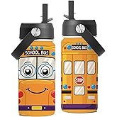 FAIVHSO School Bus Water Bottle, 16 oz Water Bottle with Straw Lid, Cute Bus Water Bottles, Stainless Steel Insulated Tumbler, Birthday Christmas Gifts for Boys Girls (1pcs)