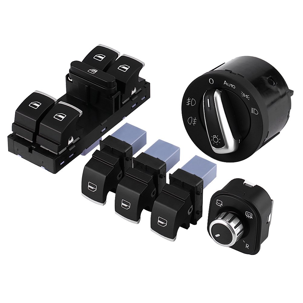 Mk5 Interior Switch Set-Headlight Mirror Switch,6PCS Headlight Mirror Window Switch Chrome Headlight Fog Lamp Electric Power Side View Mirror Adjust Knob Switch Control Kit