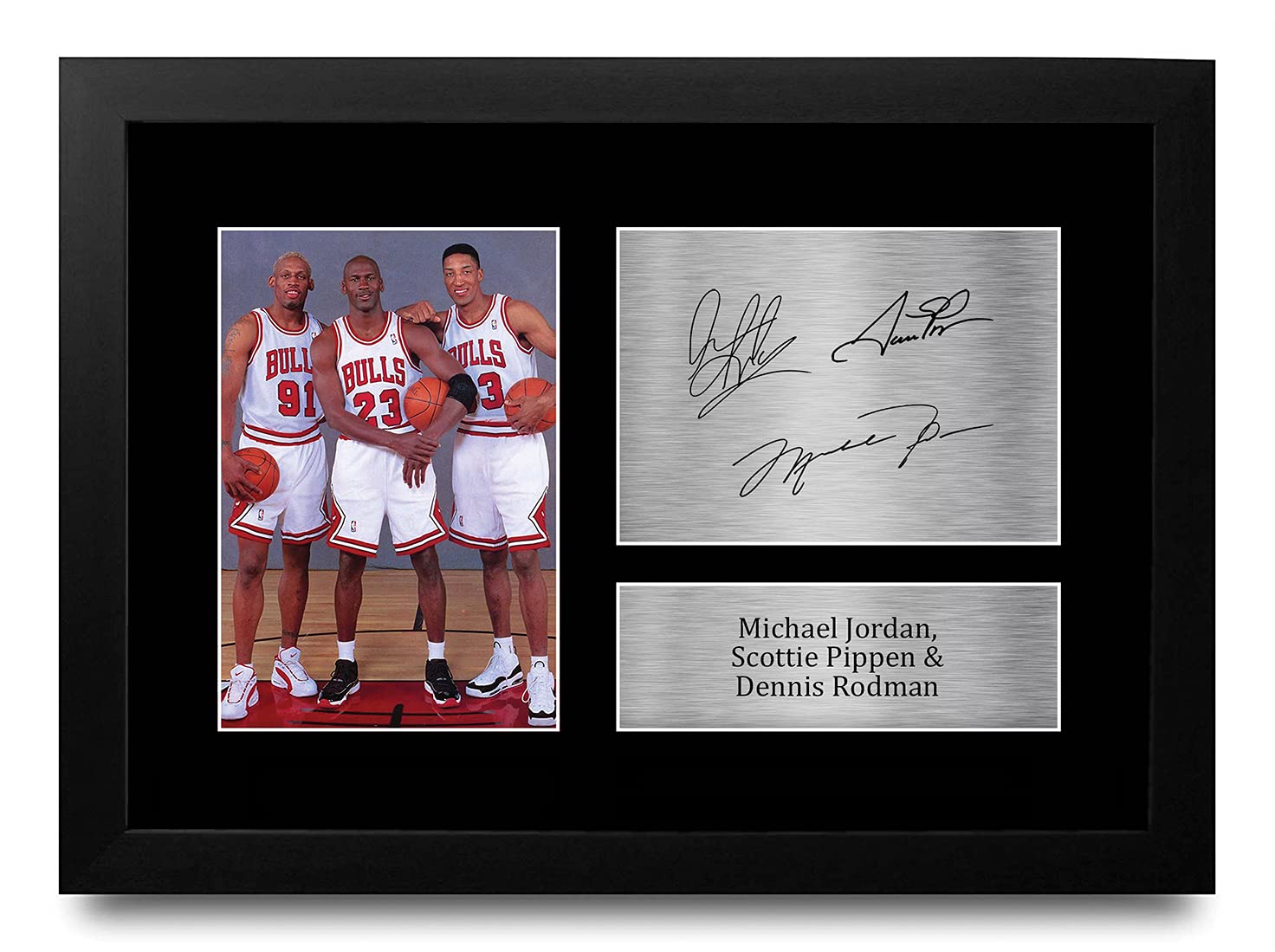 HWC Trading FR A4 Michael Jordan Dennis Rodman and Scottie Pippen Chicago Bulls Gifts Printed Signed Autograph Picture for Basketball Memorabilia Fans - A4 Framed — image 1