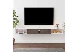 Bixiaomei Floating TV Unit, 55'' Wall Mounted TV Cabinet, Floating Shelves with Door, Modern Entertainment Media Console Center Large Storage TV Bench for Living Room & Office (55.12IN, Grey White)