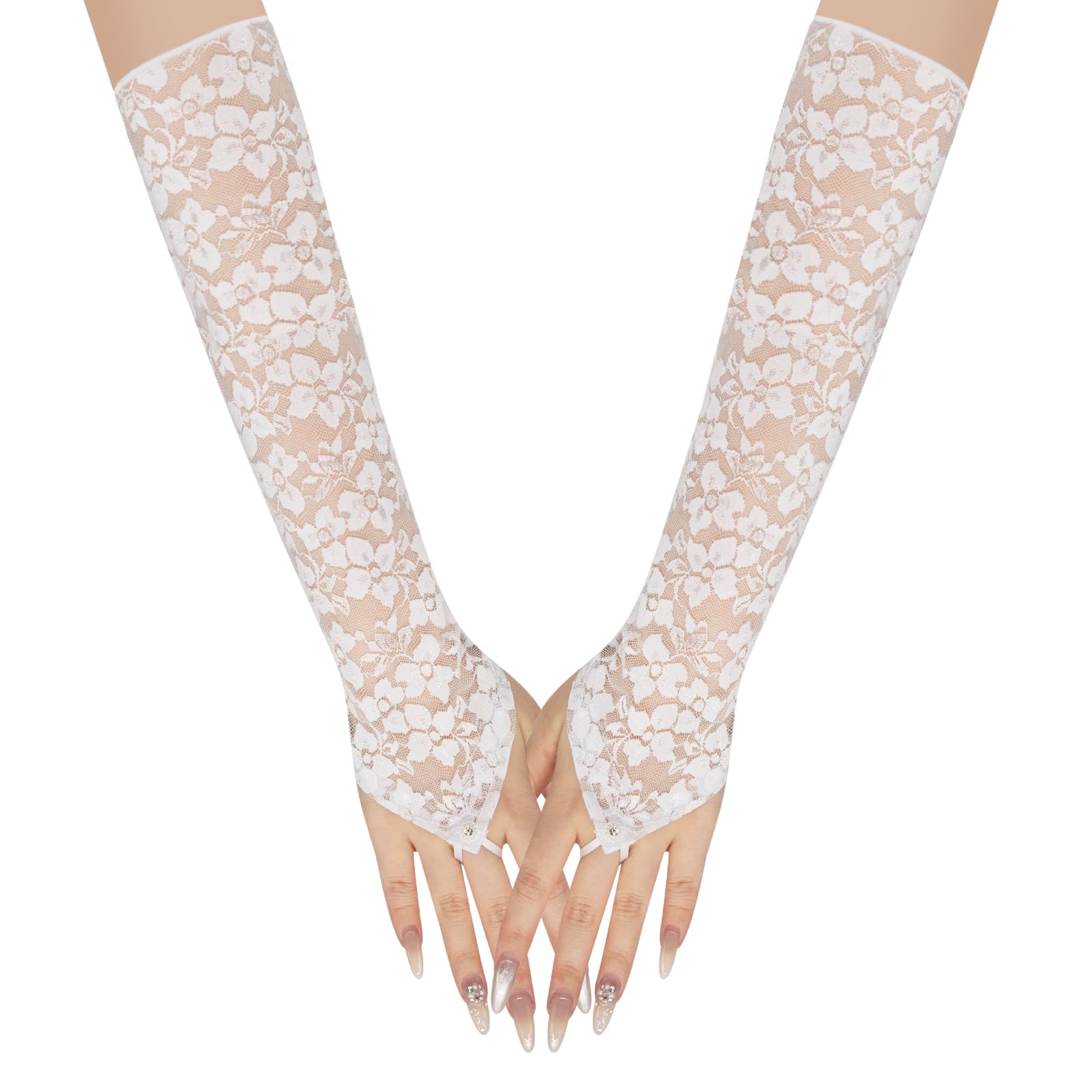 Long Keeper Elegant Floral Lace Gloves for Women Elbow Length Fingerless Long Gloves with Finger Loops for Bridal Opera Evening Wedding Party Prom, One Size (White, One Size)