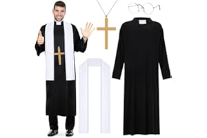 Matiniy 4 PCS Priest Costume for Men Include Robe Stole Plastic Cross Glasses for Adults Halloween Exorcist Dress Up