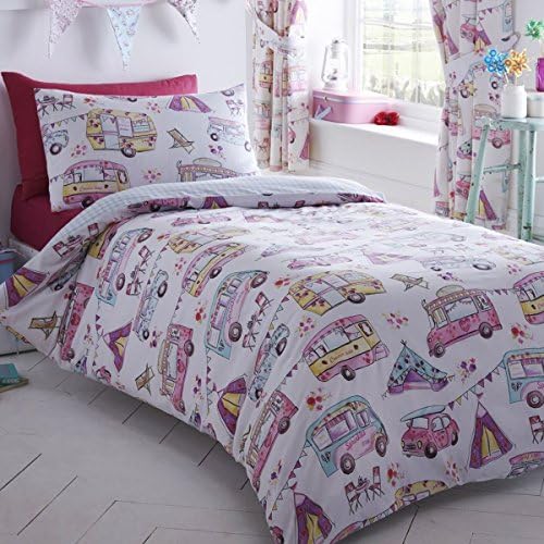 Kidz Club Reversible Design Glamping Caravan Duvet Quilt Cover and 2 Pillowcase Bedding Bed Set for Girls, White, Double