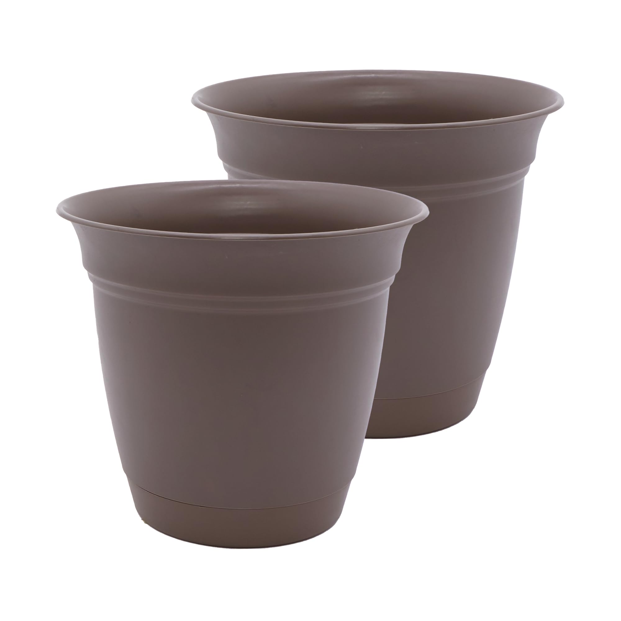 The HC Companies 12 Inch Eclipse Round Planter Pots with Drainage Holes & Attached Saucer, Lightweight UV-Resistant Plastic Indoor & Outdoor Planters, 2-Pack Flower Pots, Garden Home Decor, Cappuccino Image