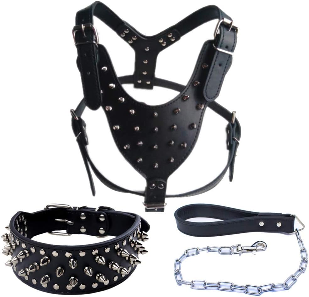 kangOnline Studded Spiked Leather Dog Collar Harness Leash Set for Pitbull Mastiff Pet Collar