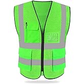 HYCOPROT High Visibility Mesh Safety Reflective Vest with Pockets and Zipper, Meets ANSI/ISEA Standards