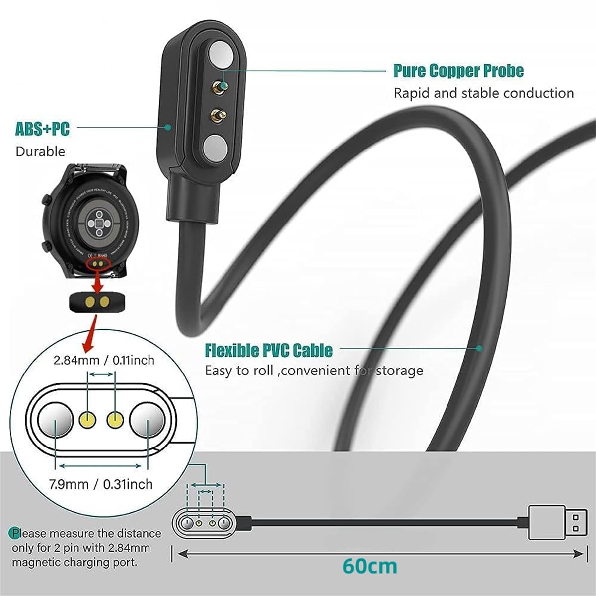 Aliwisdom Aliwisdom Universal Smart Watch Charger Magnetic, da fit Smartwatch Accessories 2 Pin Magnetic Replacement Charger Compatible Cable Contact pin spacing 2.54mm - 2.84mm [2 Pack] Model A + Model B