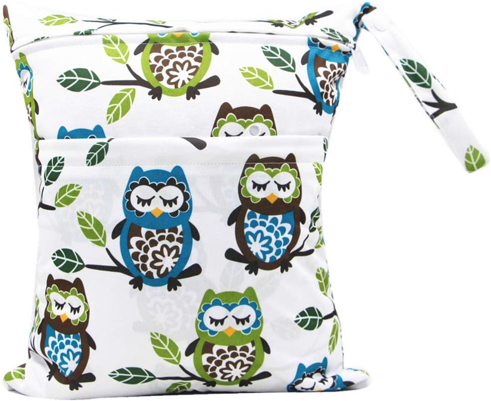 BIGBOBA Travel Portable Baby Wet/Dry Bag Diapers Wet Bags, Double Zippered Waterproof, Washable Reusable Cloth Bags, Cartoon Owl Pattern, 30 * 36CM